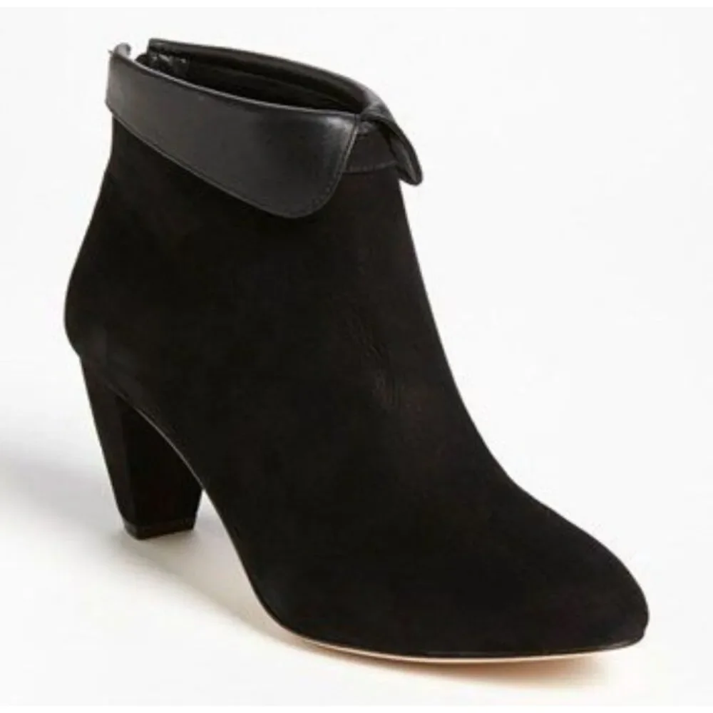 Loeffler Randall Suede Black Ankle Boots with Leather Peter Pan Collar
